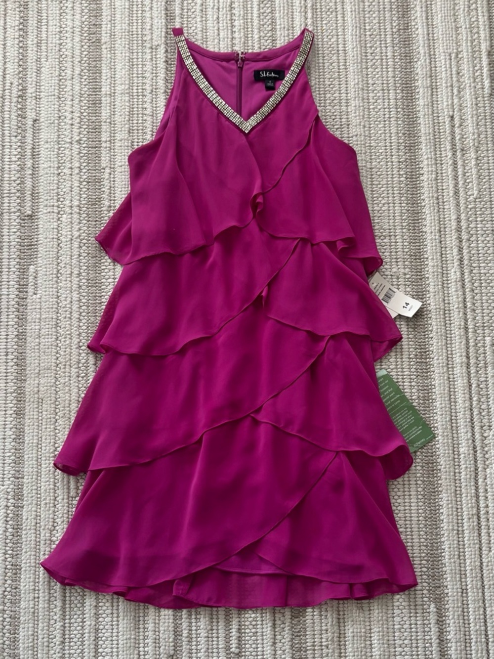 S.L. Fashions Fuchsia Tiered Ruffle Mini Dress with Beaded V-Neck